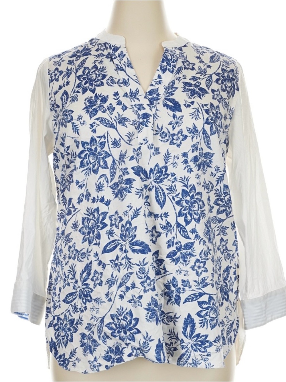Foxcroft Womens Blue Striped Floral Shirt 3/4 Sleeve Sz 16W